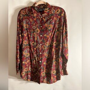 LIZ WEAR 100% RAYON BURGUNDY MULTI PAISLEY WESTERN STYLE SHIRT WOMEN’S SIZE L